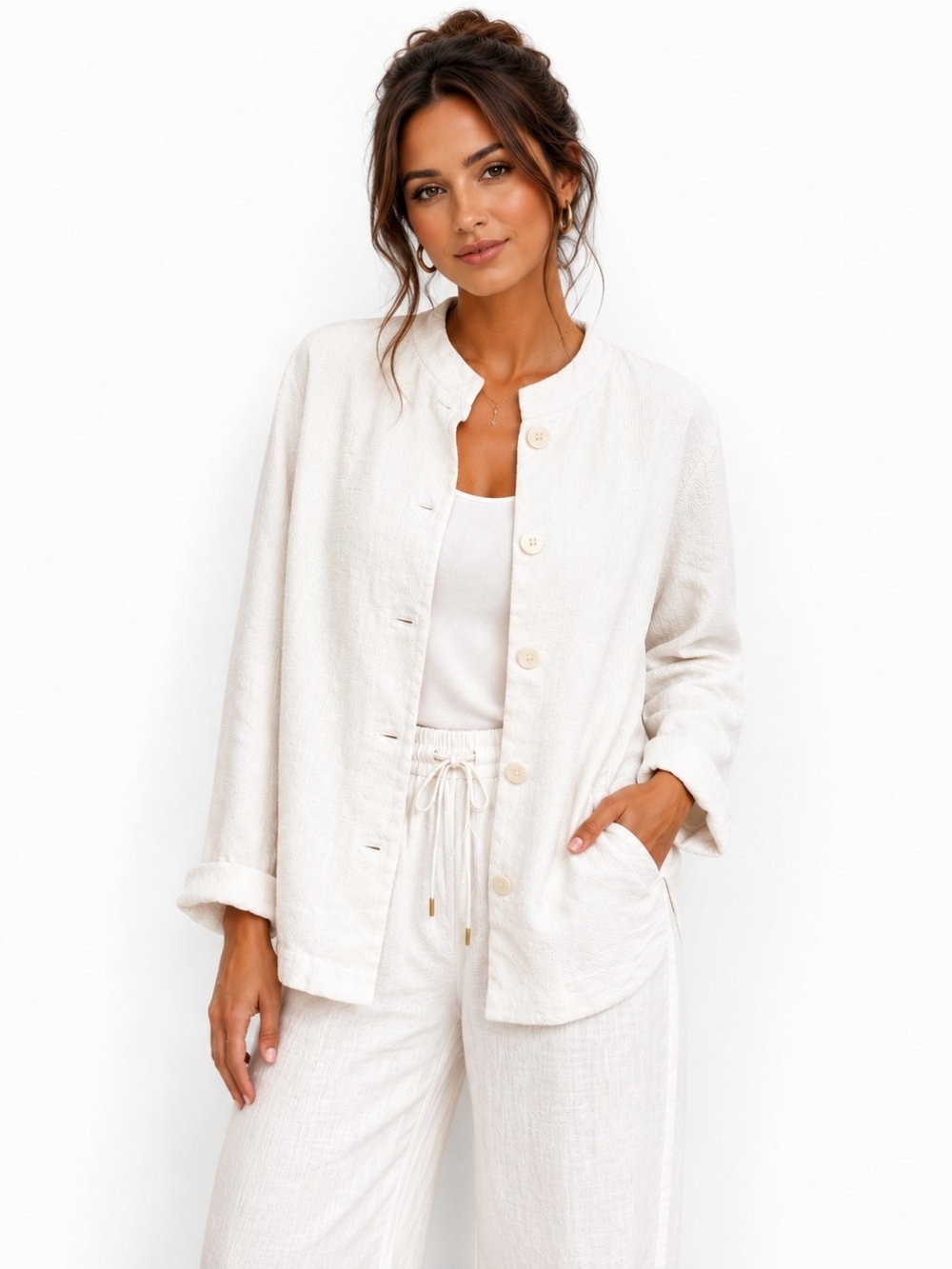 Eileen Fisher Linen Cotton White Jacket Large Minimalist Coastal Luxury Large